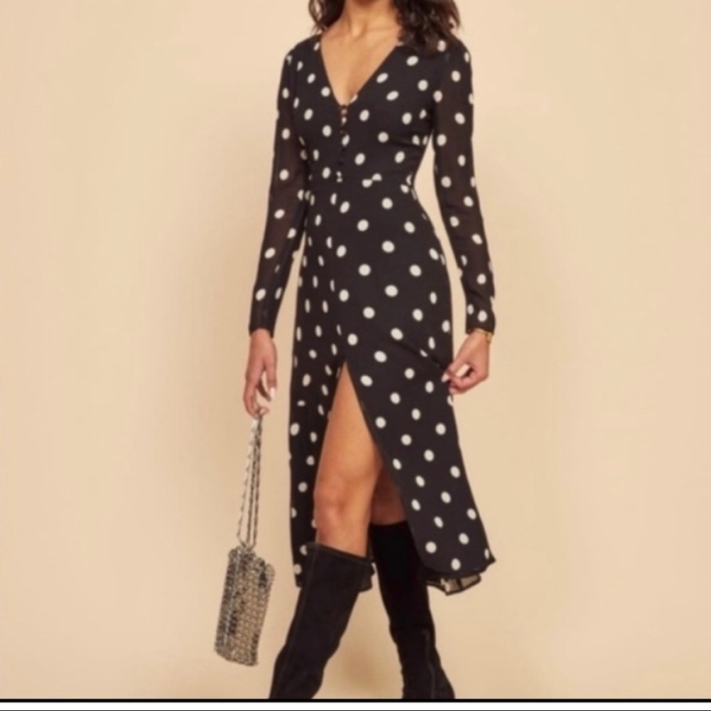 Reformation black with white polka dots dress